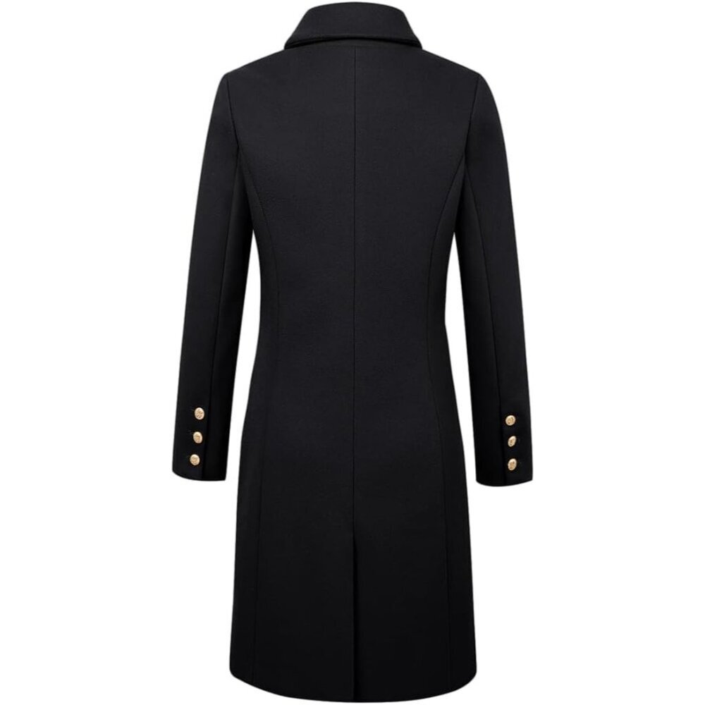 Womens Black Fall Winter Wool Coats Double Breasted Midi Peacoat Trench Coats - Picture 4 of 4